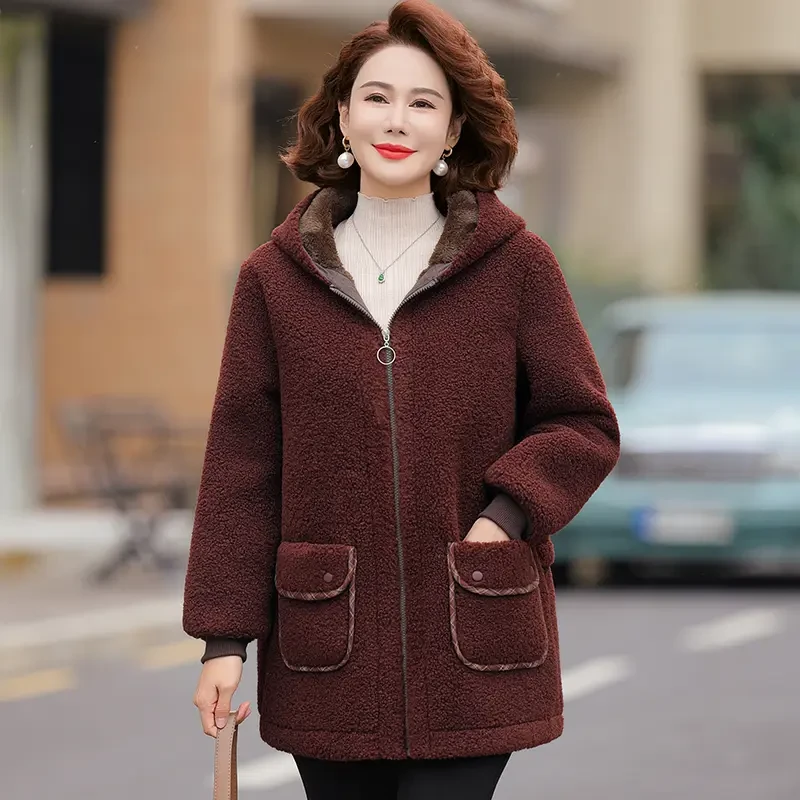 中年妈妈厚外套秋冬新款宽松棉服中老年女装连帽加绒加厚中长冬装