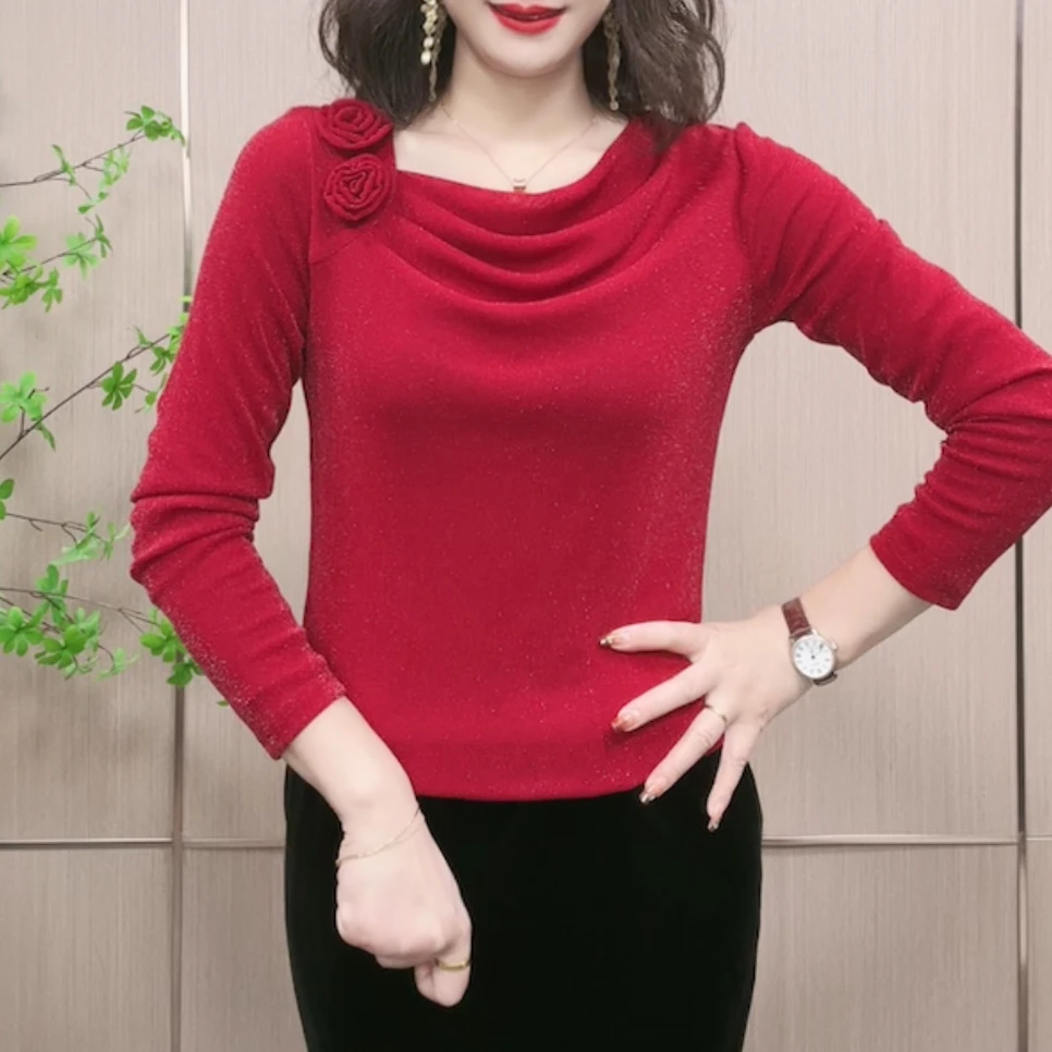 洋气堆堆领立体玫瑰花显瘦气质T恤上衣2023新款秋季网纱打底衫