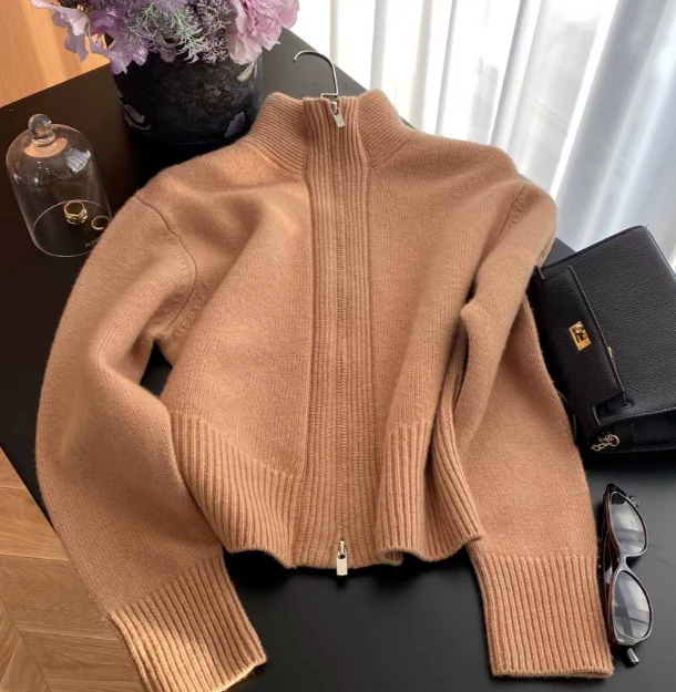 法G暖奢加厚全羊毛双开拉链半高领POLO领毛衣开衫短外套女