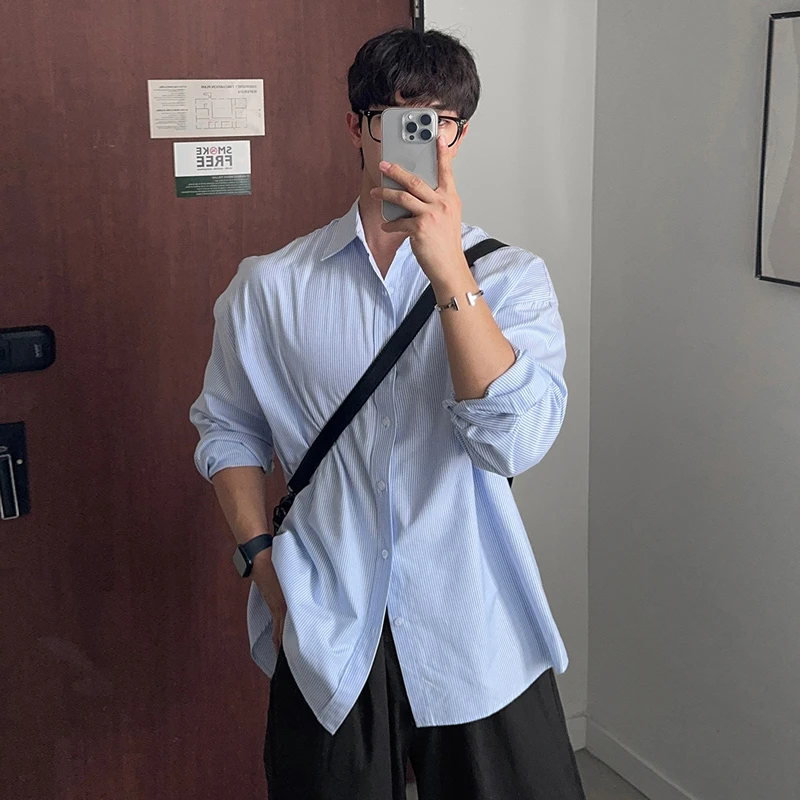 韩版薄款浅蓝色衬衫男基础简约长袖宽松休闲衬衣外套高级感寸衫潮