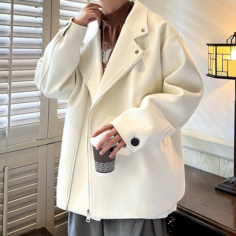 港风ins西装领毛呢夹克男秋冬加肥加大码胖人宽松痞帅机车外套潮