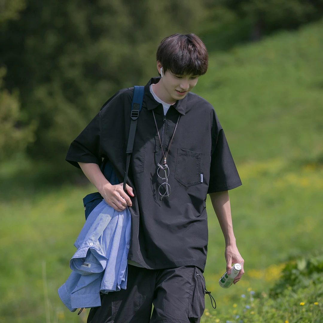 山系工装T恤夏季Polo美式半拉链翻领短袖男日系cityboy半袖上衣