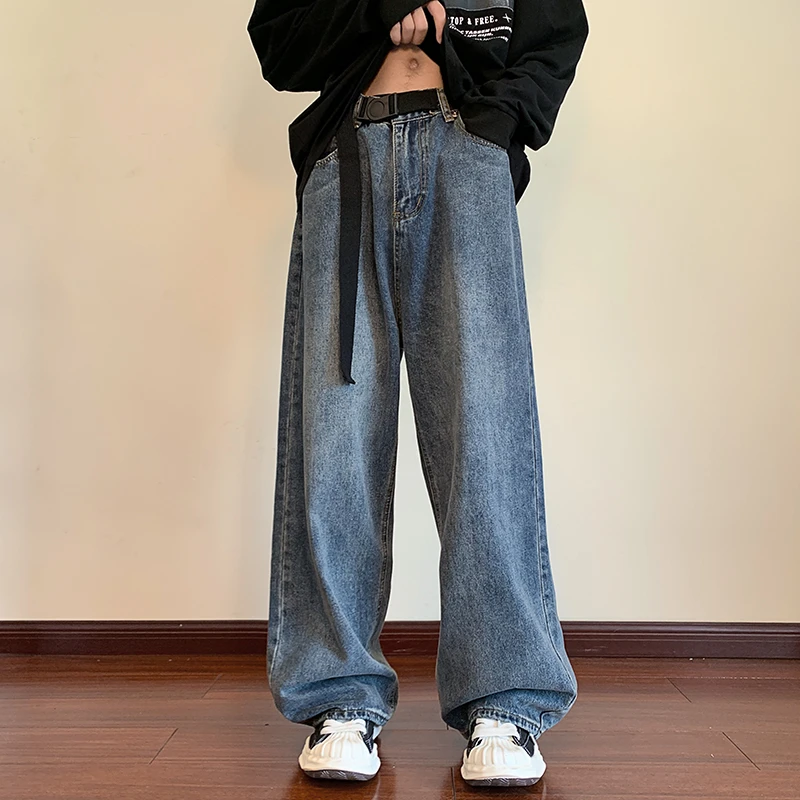 美式复古腰带水洗牛仔裤男2023新款垂感阔腿百搭宽松直筒休闲长裤