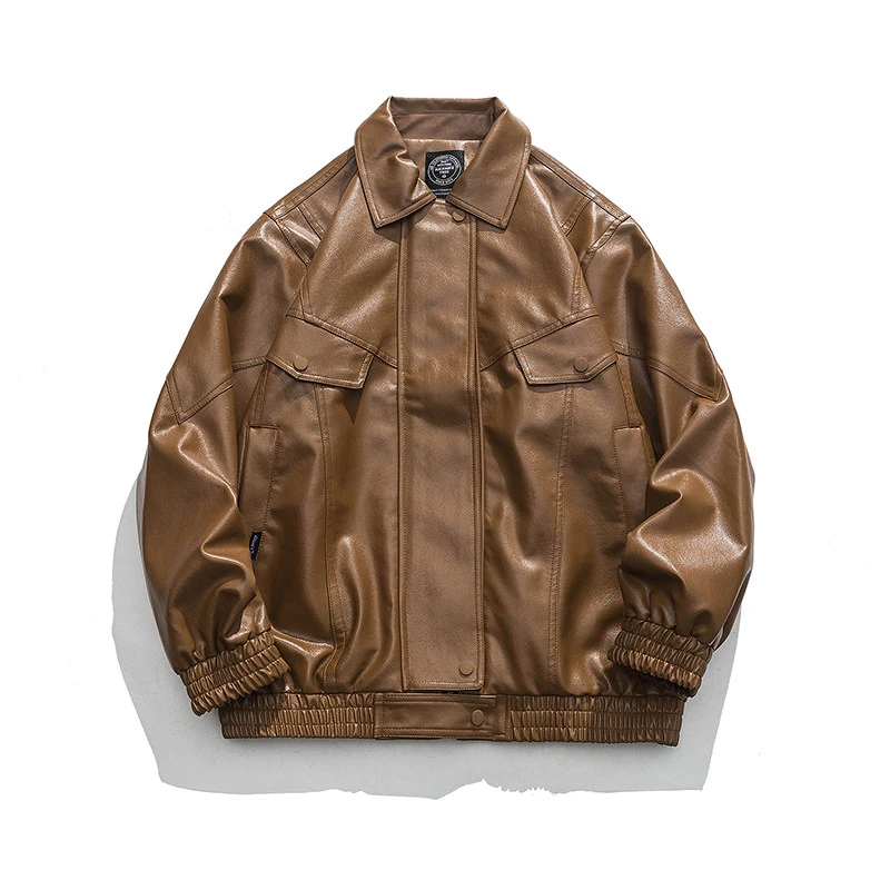 美式潮牌复古机车pu皮衣夹克男秋季休闲宽松翻领情侣外套日系上衣