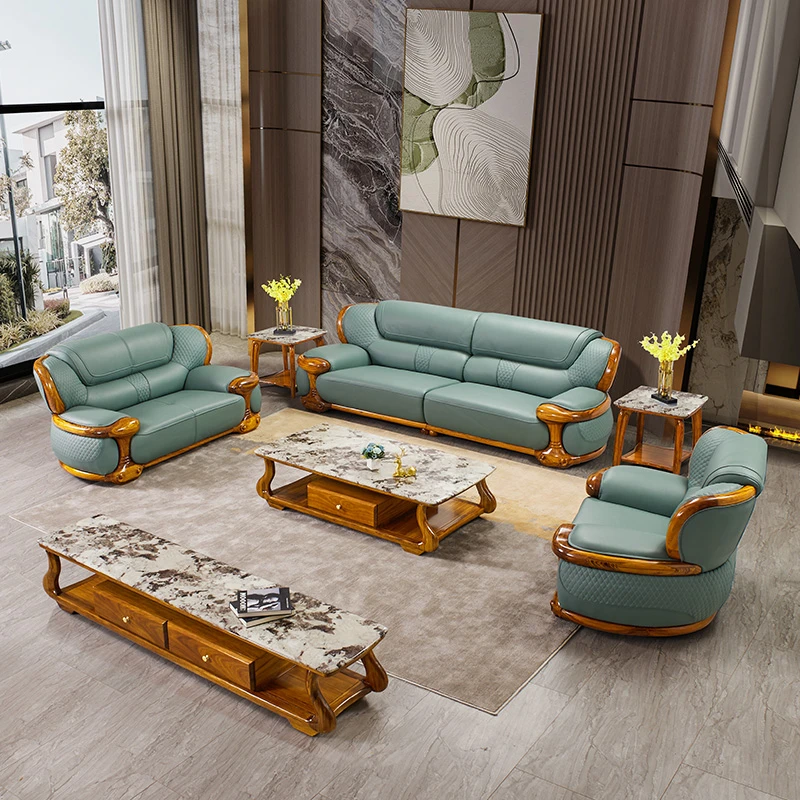 新款乌金木真皮沙发现代新中式别墅客厅头层牛皮沙发佛山实木家具