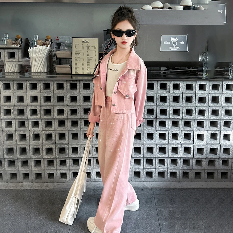 2024新款洋气女童春秋套装时髦中大童秋装牛仔多巴胺粉色两件套潮