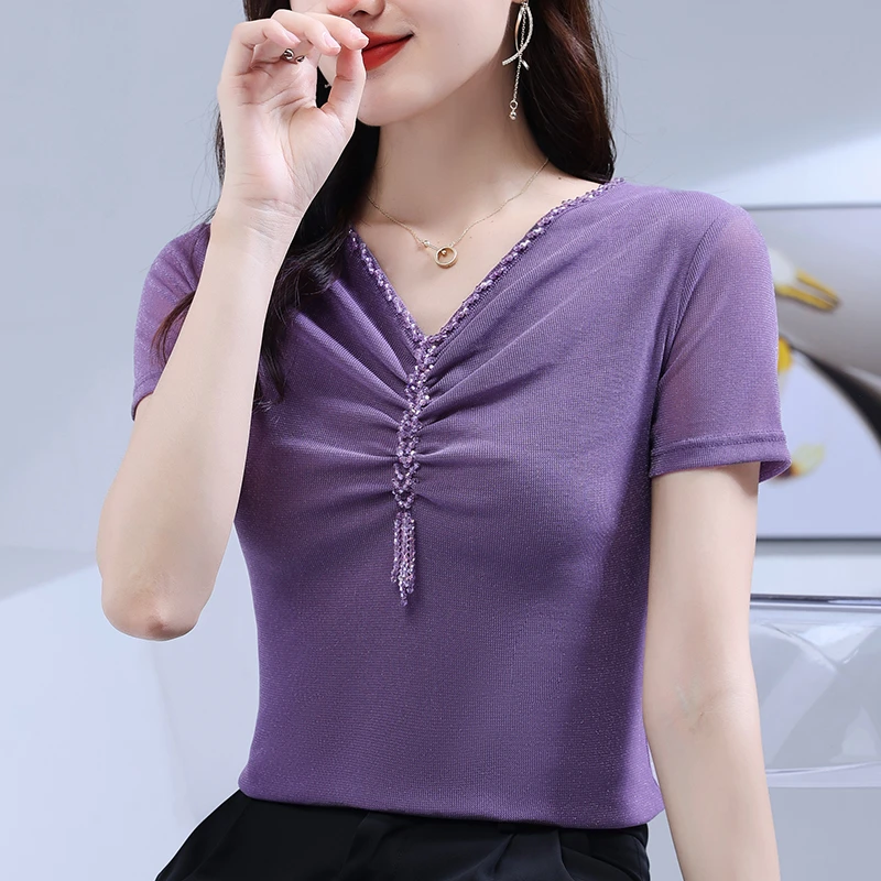 V领钉珠T恤洋气纱衣女夏装新款短袖纱衣小衫修身显瘦女上衣潮