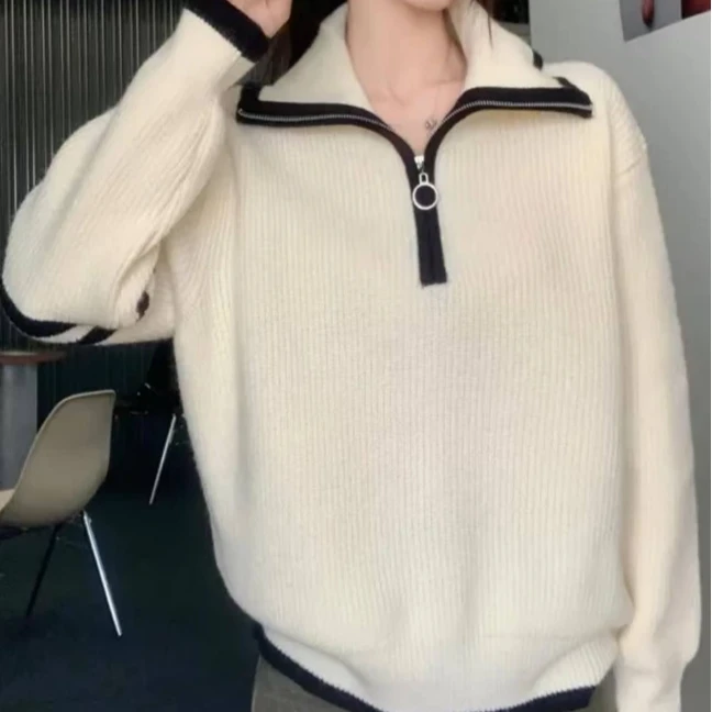 （9951）大码MM翻领长袖毛衣女2024秋季学院风撞色宽松百搭减龄上衣