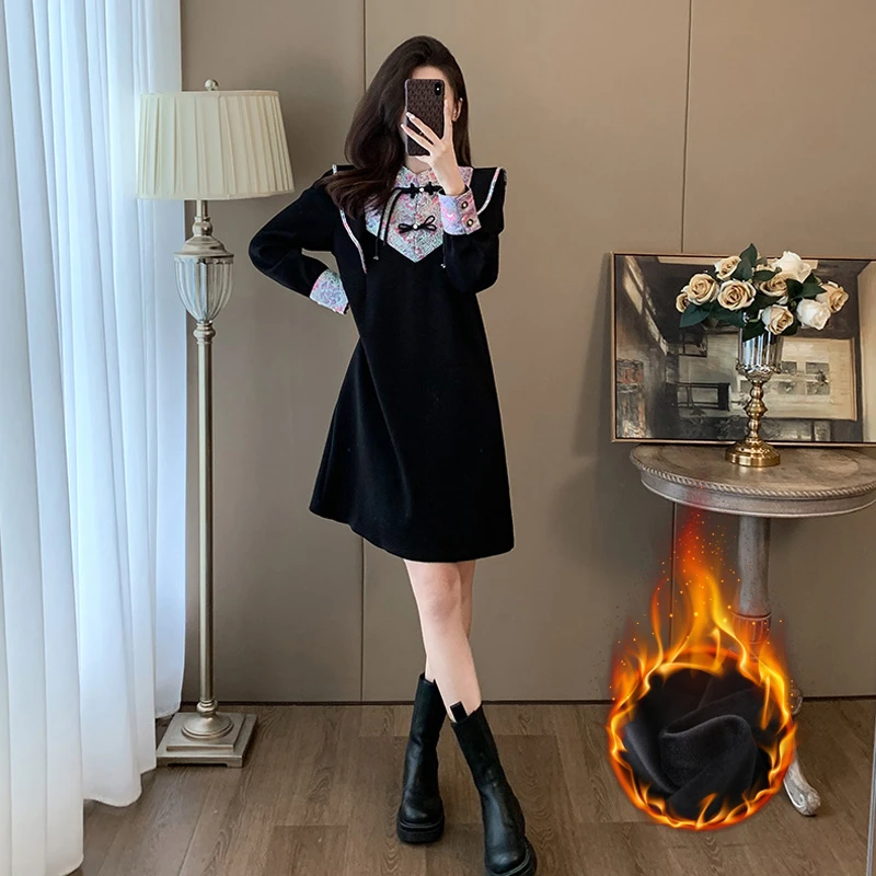 2024秋冬新款女新中式长袖时尚宽松中长款秋冬减龄加绒加厚连衣裙