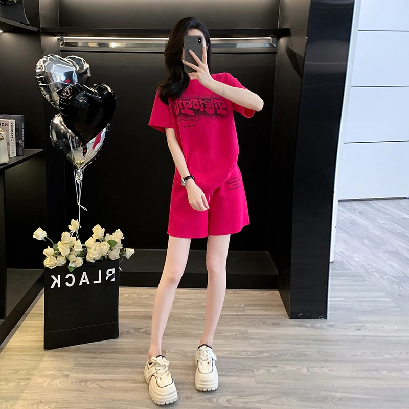韩版休闲运动套装女小个子网红百搭夏季宽松显瘦短袖短裤两件套