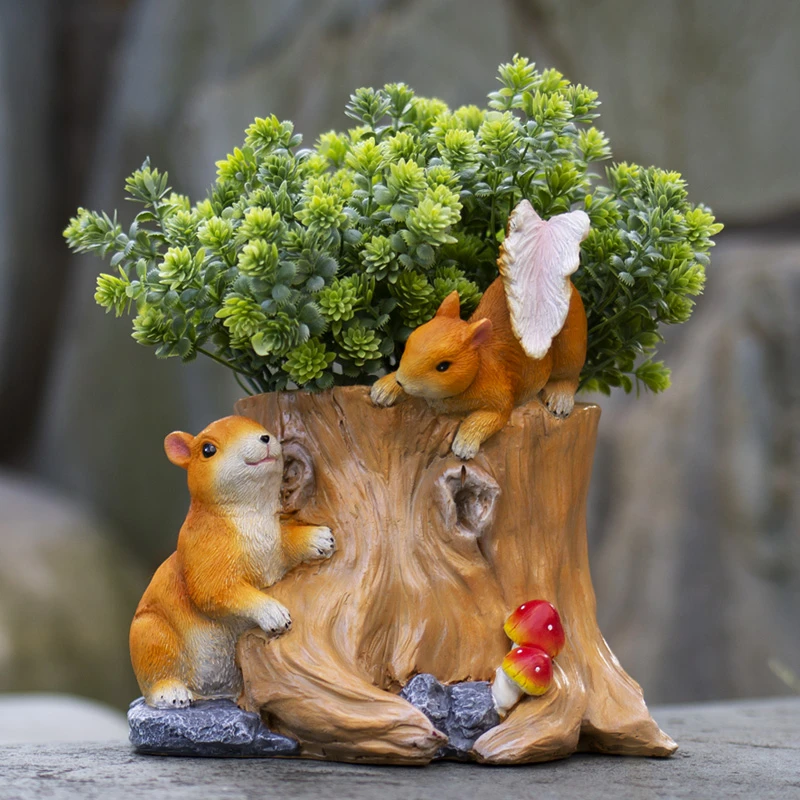 花园庭院可爱松鼠树桩动物摆件户外卡通装饰树脂花盆家用阳台摆设