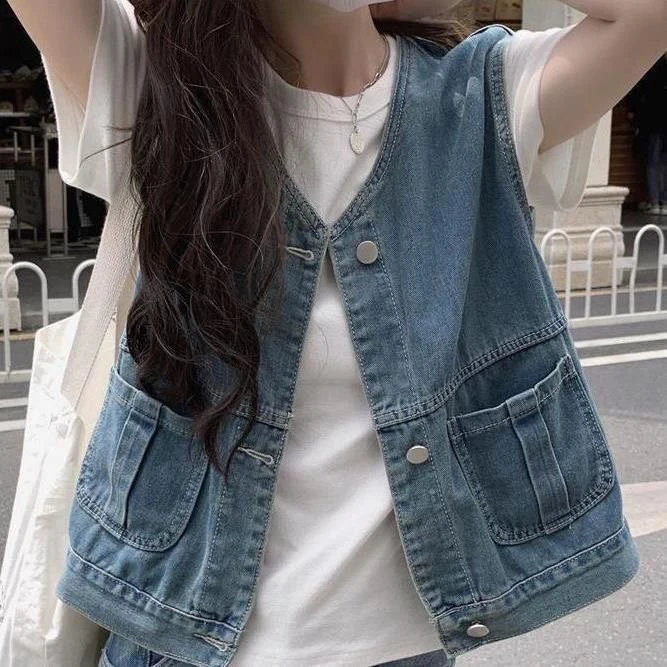 9 复古牛仔马甲女小个子宽松减龄港风短款V领日系背心