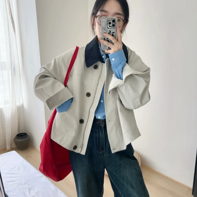 ROSE·韩系风衣 2024秋款新款撞边领翻领卡其色短款风衣