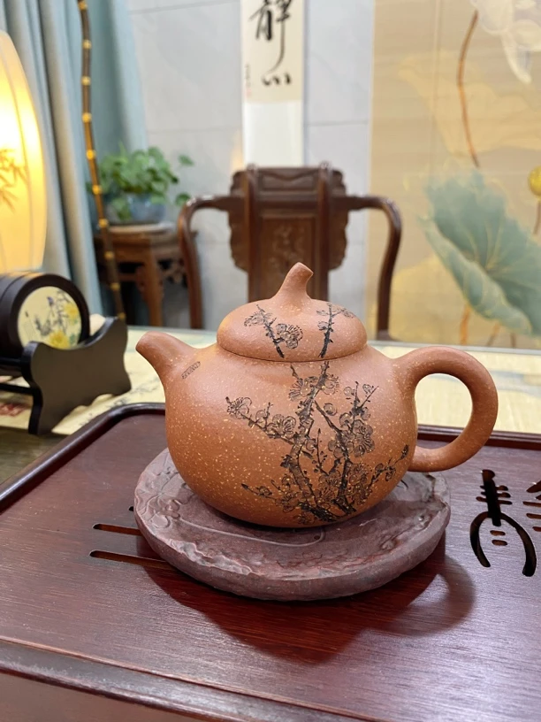 茶具紫砂壶泡茶壶圆壶如意壶手制茶壶茄段刻绘范玉珍