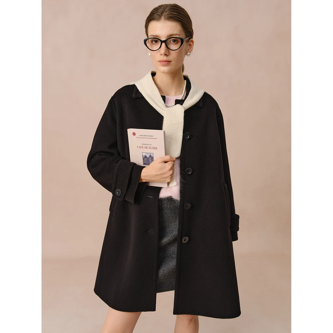 小岛微风“经典黑”精致名媛 秋冬小翻领A版宽松廓形大衣 DY102815