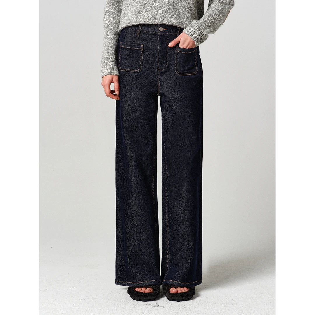 小岛微风 超模神裤加绒版 深蓝巨显瘦高腰阔腿牛仔裤 KZ120930