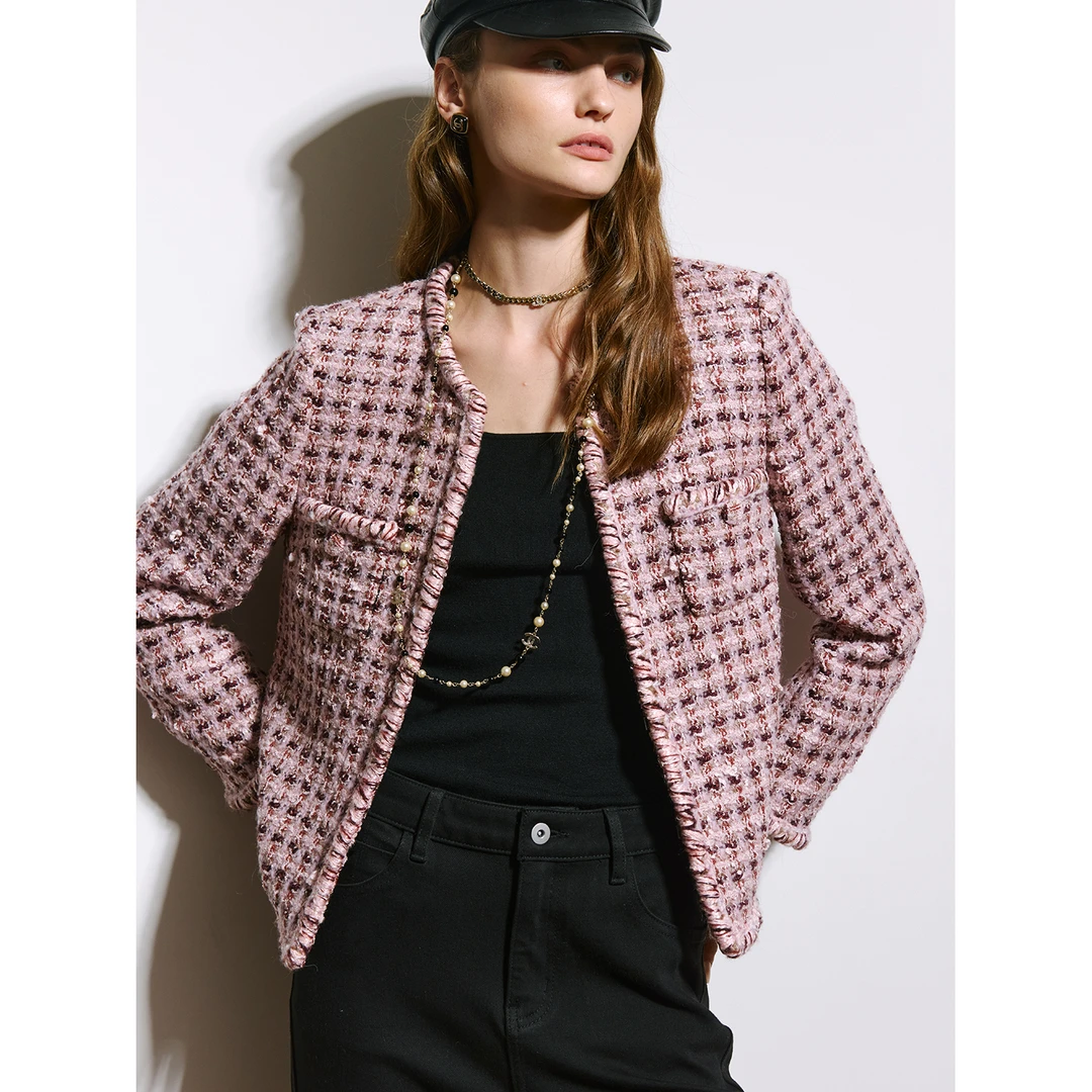 小岛微风“繁花”日本进口 粉色格纹手工花边小香毛呢外套WT092708