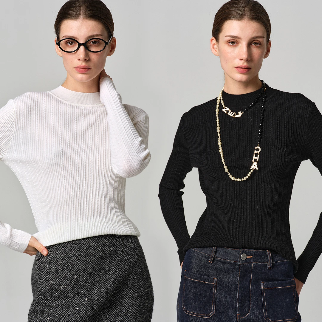 小岛微风 “花边打底”精纺羊毛 绞花肌理纹半高领打底衫 MY120910