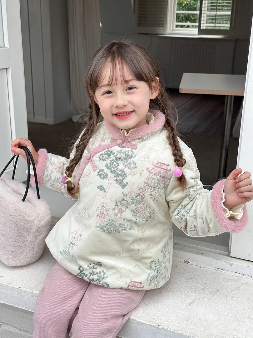 【已同步】女童中式棉衣夹棉毛边斜襟盘扣复古长袖拜年服23Q089