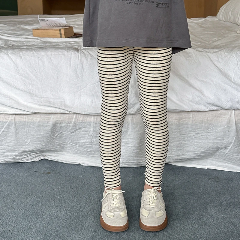 【依妈童品】秋款女童百搭韩系时尚撞色可外穿修身条纹打底裤24X052