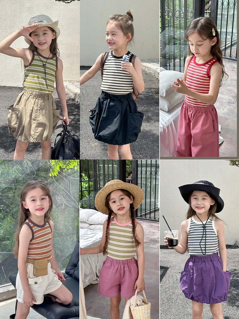 【现货】新品夏装女童清爽条纹背心儿童撞色彩条无袖T恤24U060