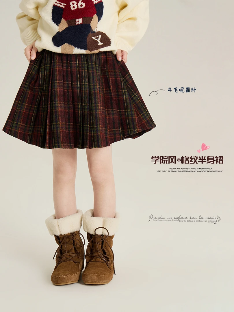 【现货已开价】女童春款学院毛呢格子半身裙24Z166