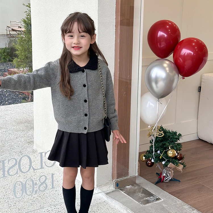 【现货已开价】女童气质小翻领毛衣罗兰绒洋气撞色针织开衫23Q058