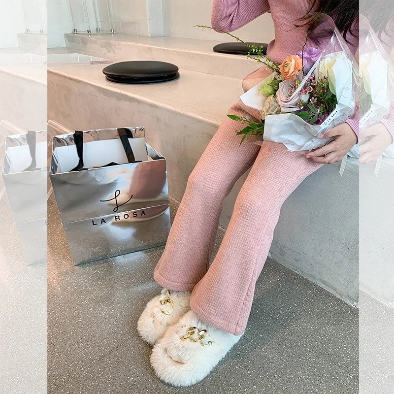 【已开价】女童加厚喇叭裤保暖韩版复合一体绒修身粉色童裤23Q006