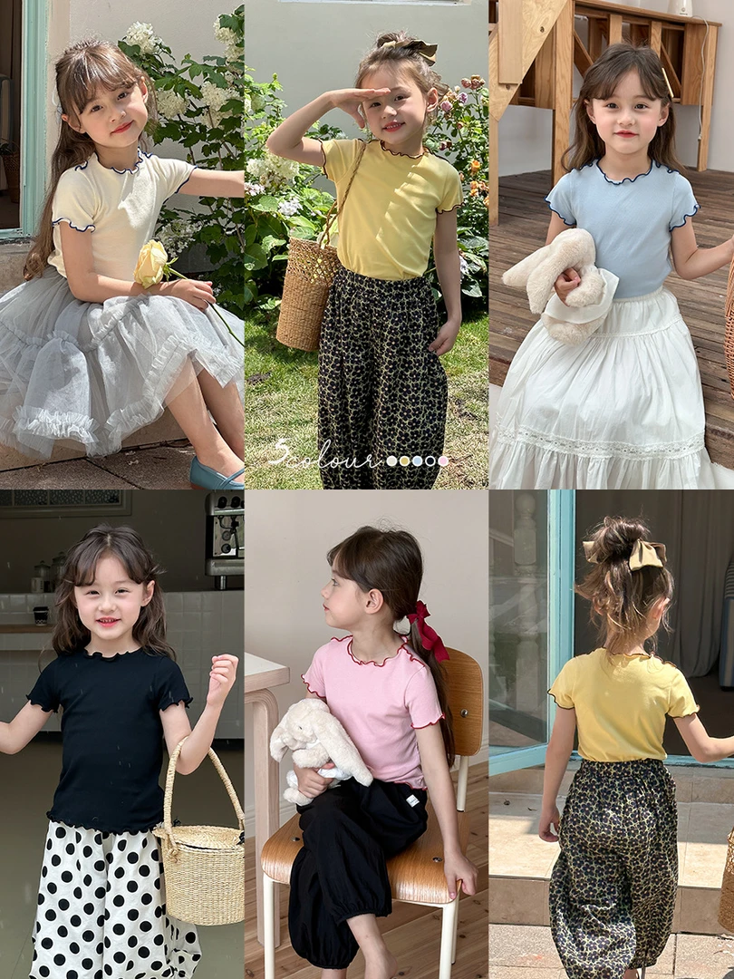 【现货已开价】夏季女童短袖打底衫撞色甜美花边纯色T恤 24U008