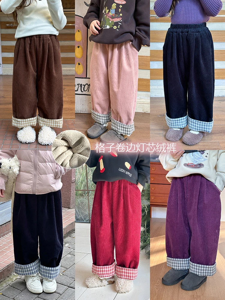 【现货已开价】女童休闲裤子韩版洋气格子卷边灯芯绒裤潮24A030