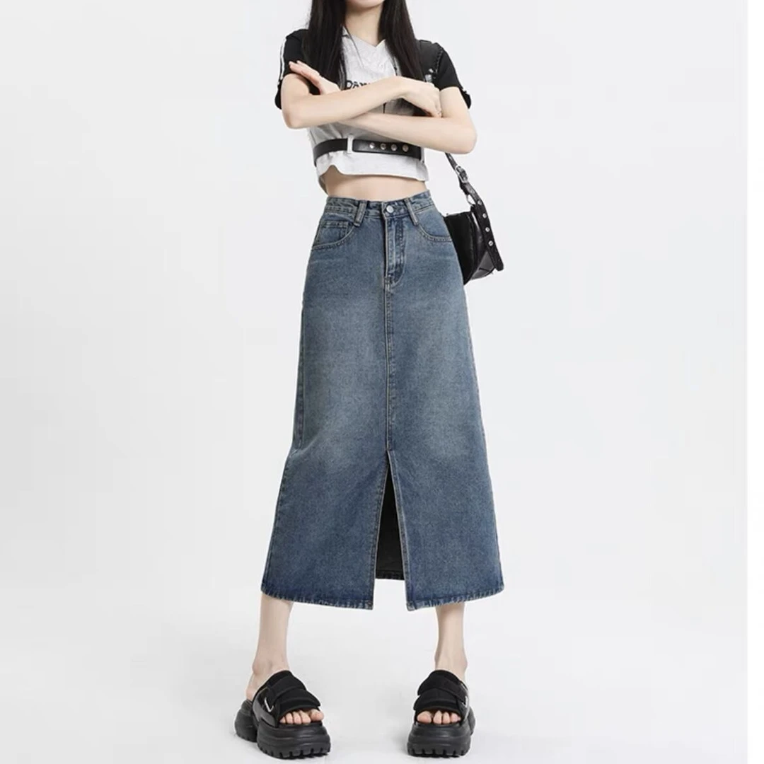 牛仔裙开叉半身裙2023年秋季百搭显瘦包臀a字中长裙牛仔长裙女