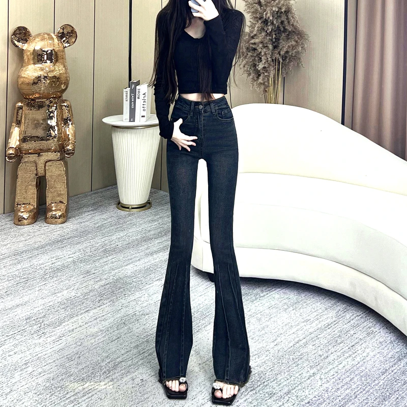 高腰喇叭裤牛仔裤女2023年新款秋冬美拉德设计师微喇弹力长裤