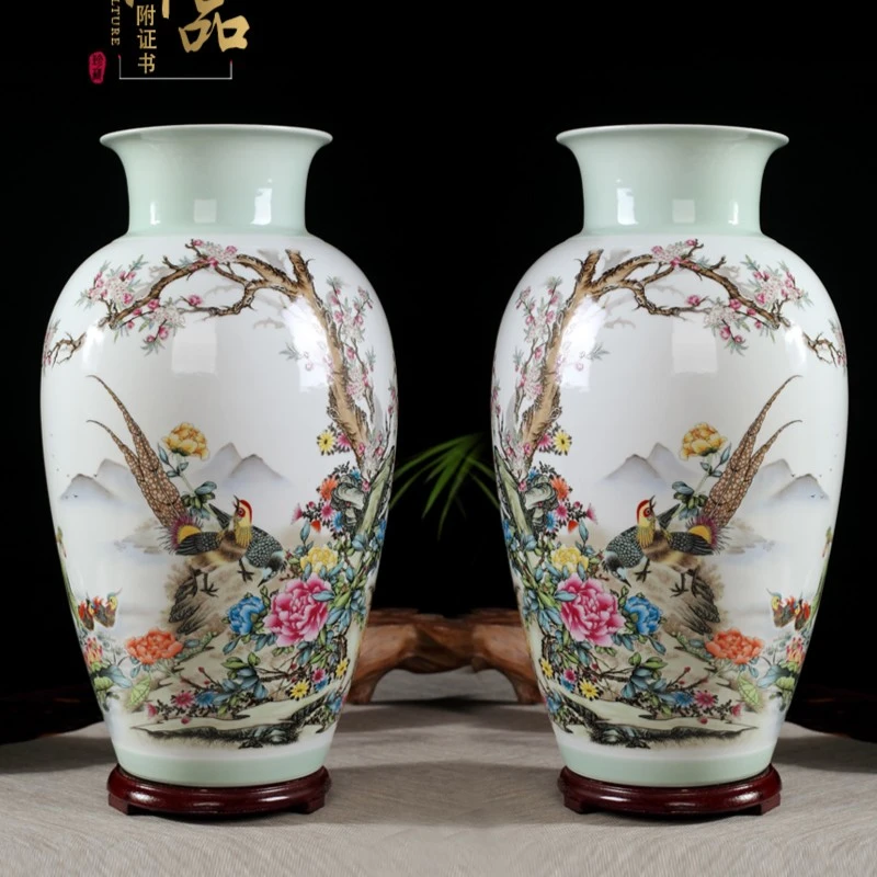 对瓶锦上添花手工陶瓷器花瓶摆件景德镇客厅家居中式装饰大工艺品