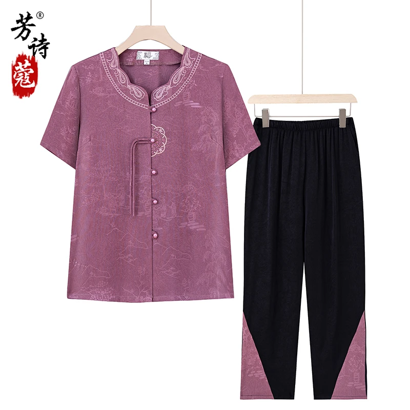 新中式国风衬衫套装女奶奶夏季宽松休闲开衫上衣裤子两件套妈妈装