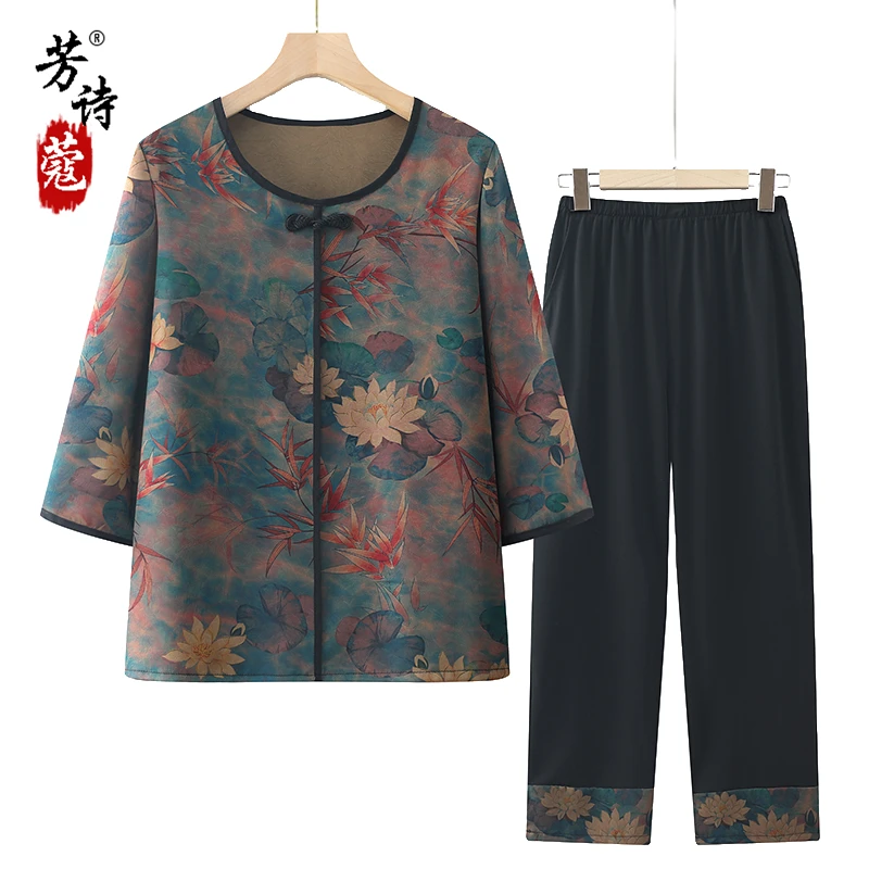 女装夏装新款短袖套装夏季女奶奶装宽松上衣裤子妈妈装大码两件套