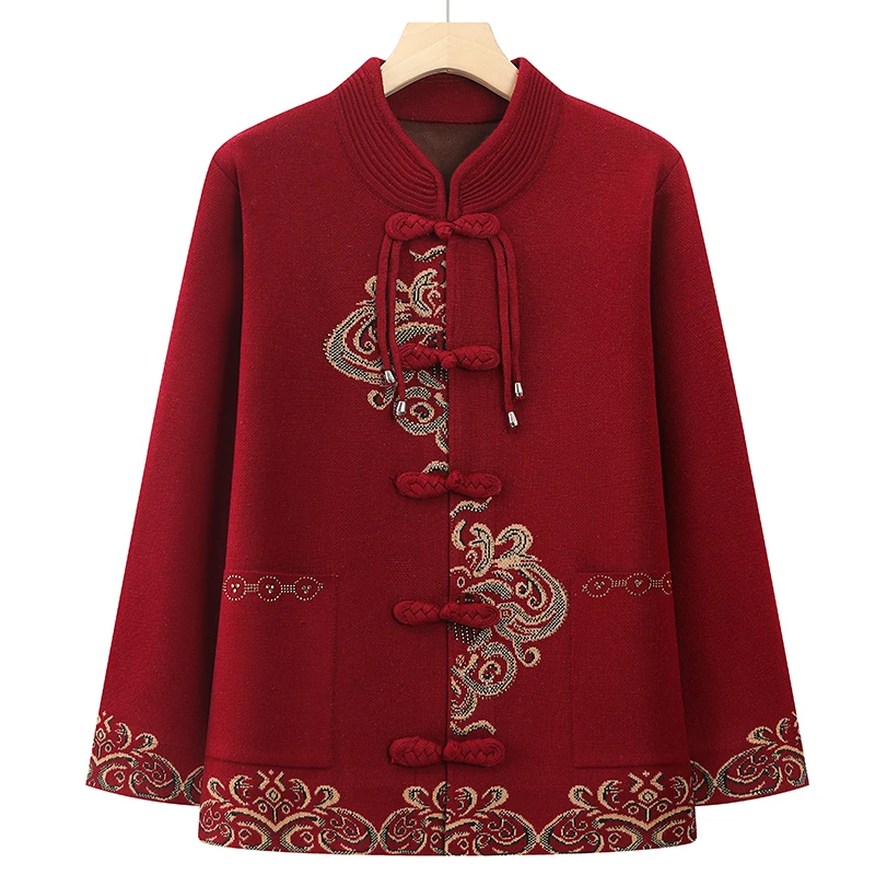 中老年人秋装外套女唐装奶奶秋冬款针织毛衣妈妈生日喜庆婚宴太太