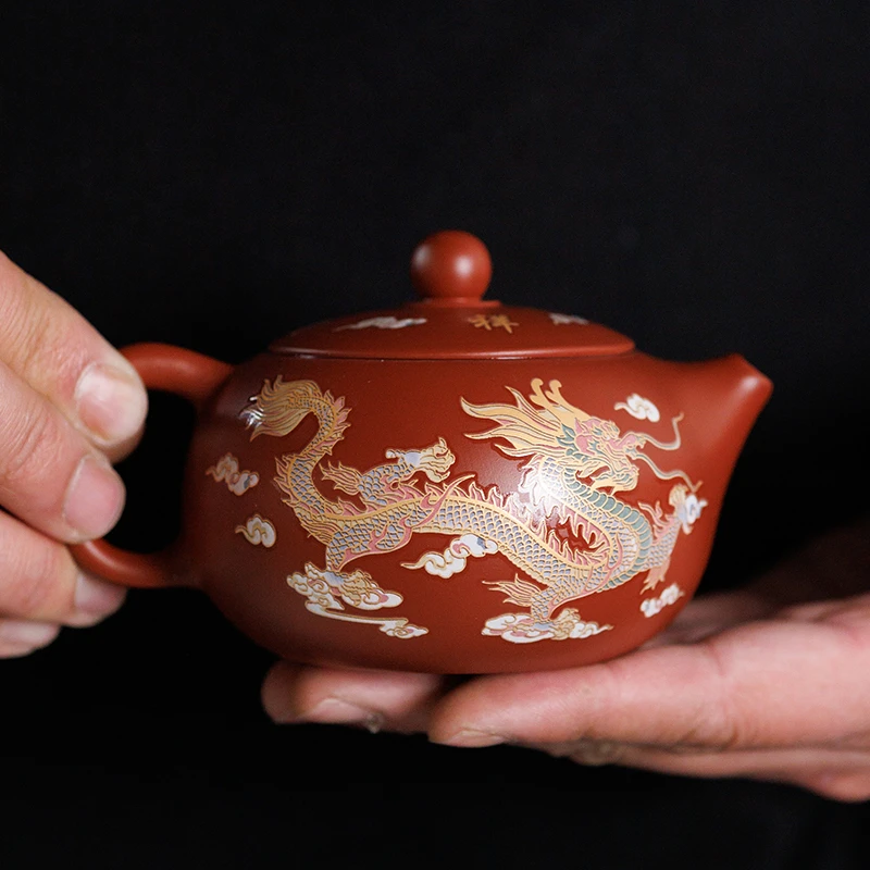 龙凤呈祥 遇水变色紫砂西施壶球孔过滤200cc半手工  变色壶