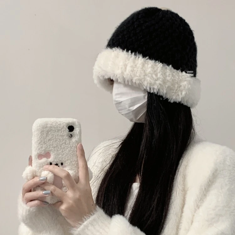 百搭手工毛绒针织帽加厚保暖护耳显脸小毛线帽子女韩版潮