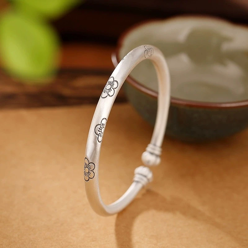 足银银制品 A12手工古风传承复古个性梅花朵朵开南瓜开口手镯