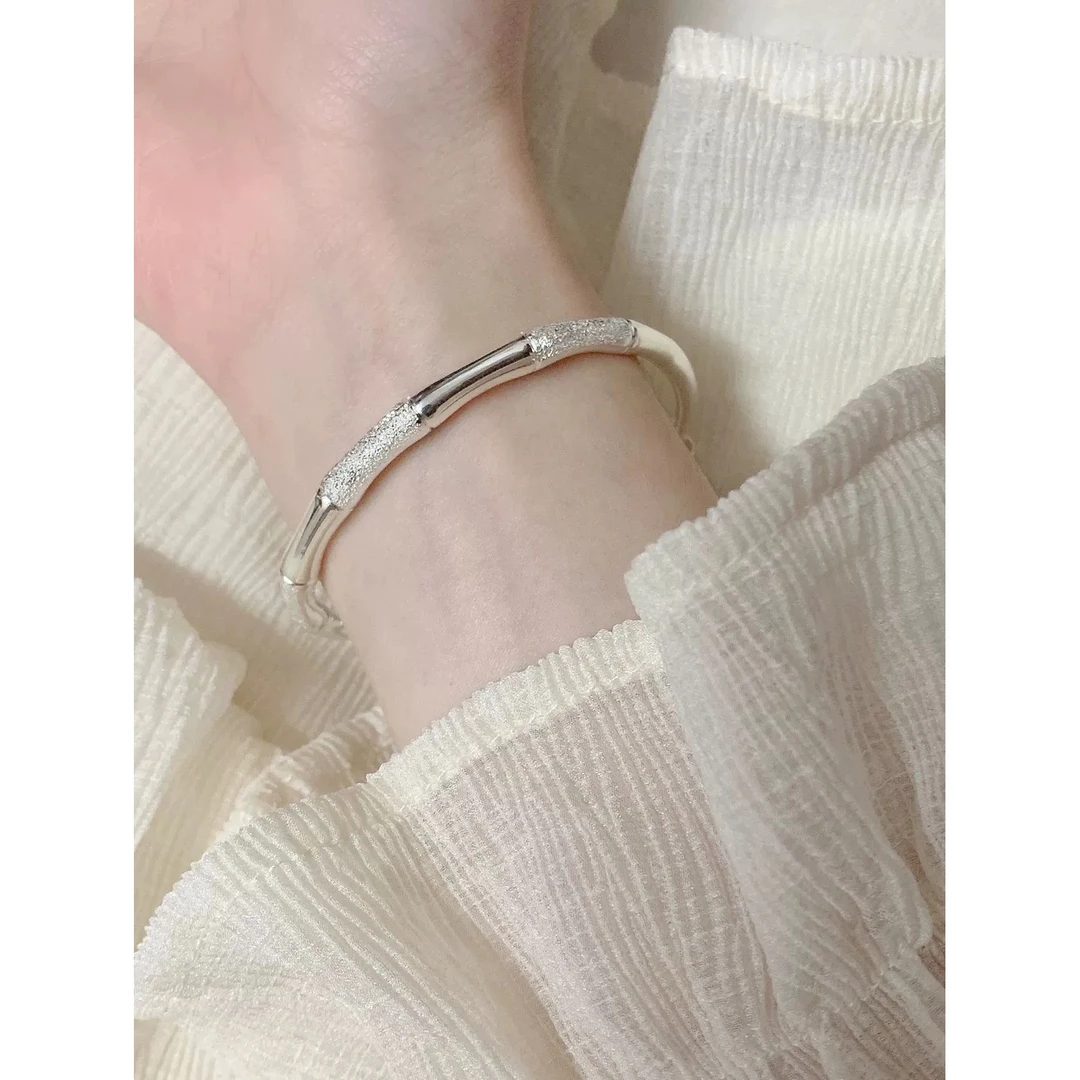 足银银制品 复古竹节手工手镯磨砂实心年轻纯节节高升手镯【A02】