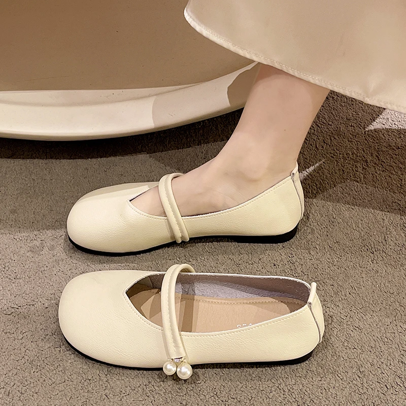 法式低跟浅口单鞋女2024新款春秋百搭珍珠软底奶奶鞋方头玛丽珍鞋