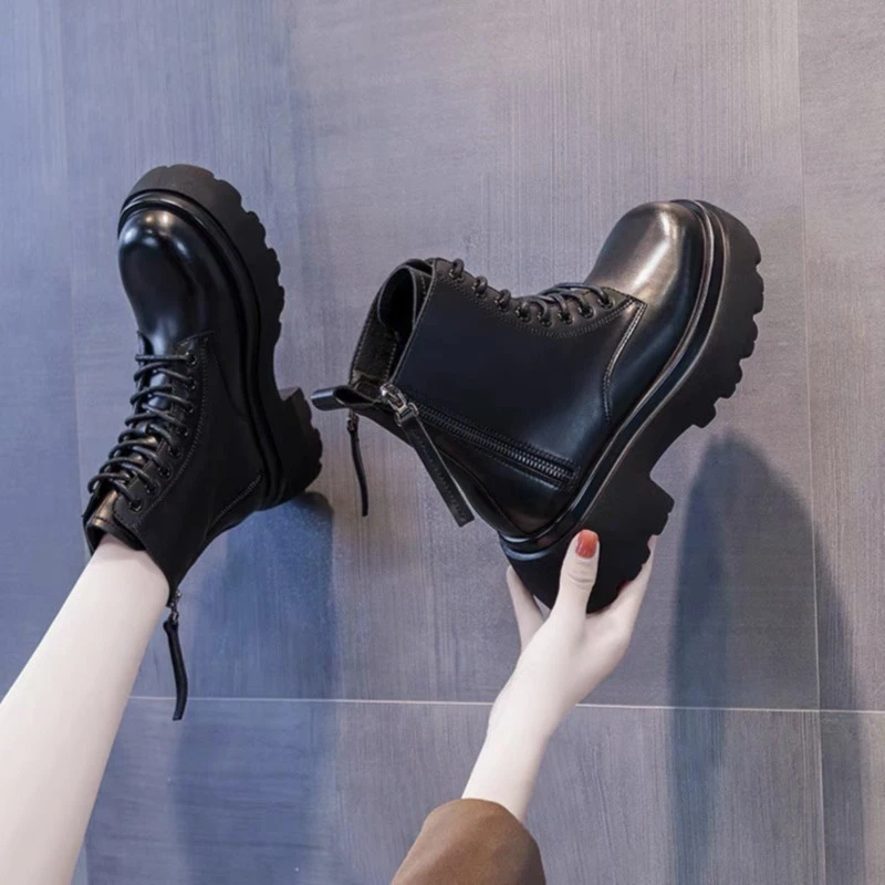 9cm内增高真皮马丁靴女2024年新款加绒英伦风厚底瘦瘦短靴子96-5