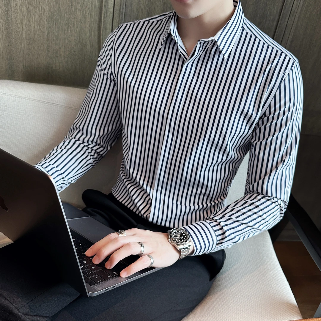 2025透气纽扣秋季修身衬衫职业百搭春秋上衣时尚正装商务帅气韩版