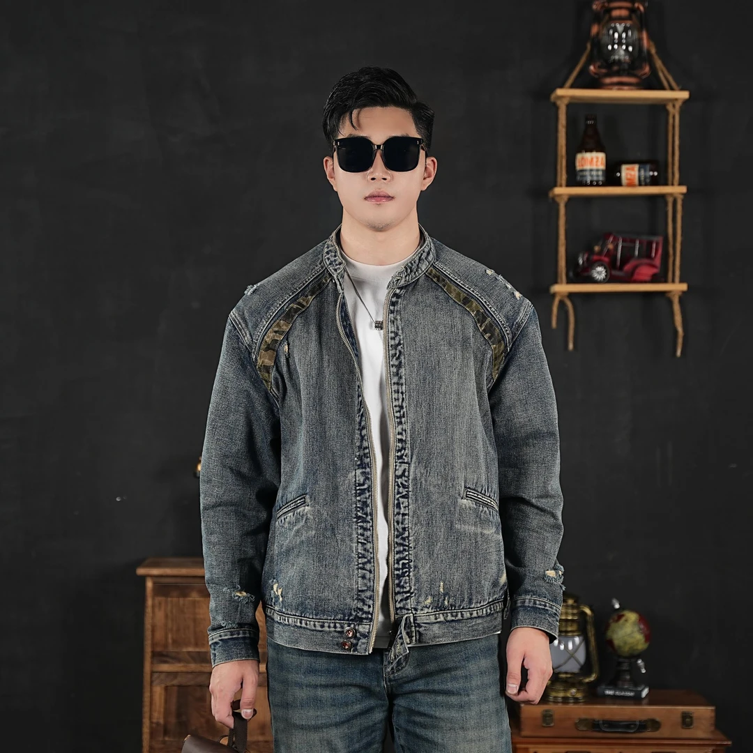 美式重磅牛仔夹克外套2024秋冬新款潮牌机车风宽松工装拼接上衣