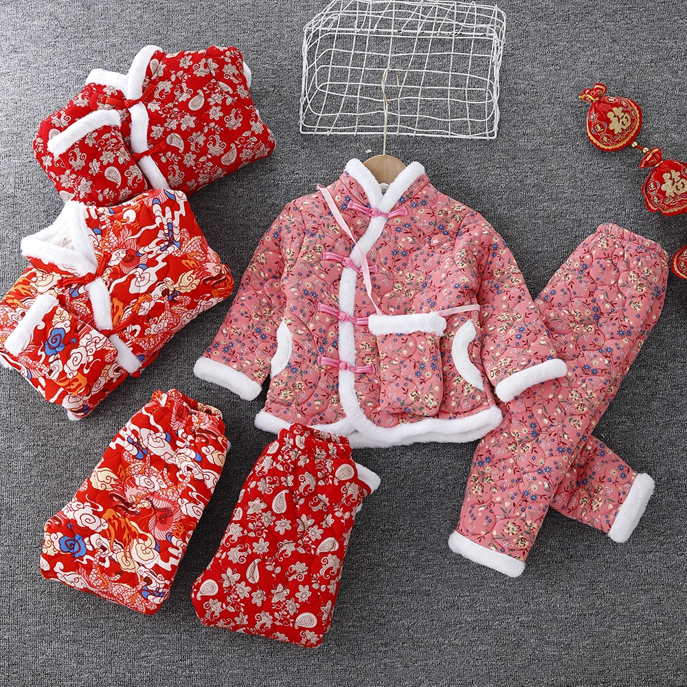 儿童东北大花布棉袄冬季宝宝套装裤拜年衣服加厚男女童过新年唐装