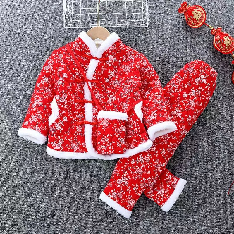 儿童冬季套装三层加绒加厚中国风棉服男女童拜年服大花棉袄棉裤