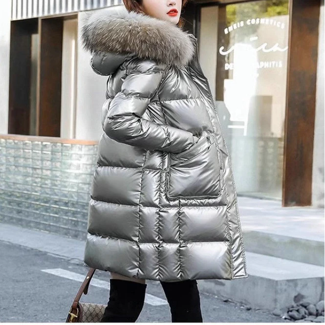 舒适保暖新款羽绒服女2024冬新款中长款加厚白鸭绒亮面免洗外套