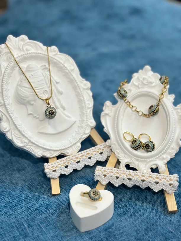 钛钢项链 钛钢合成锆石双面魔眼款四件套不易掉色不易过敏