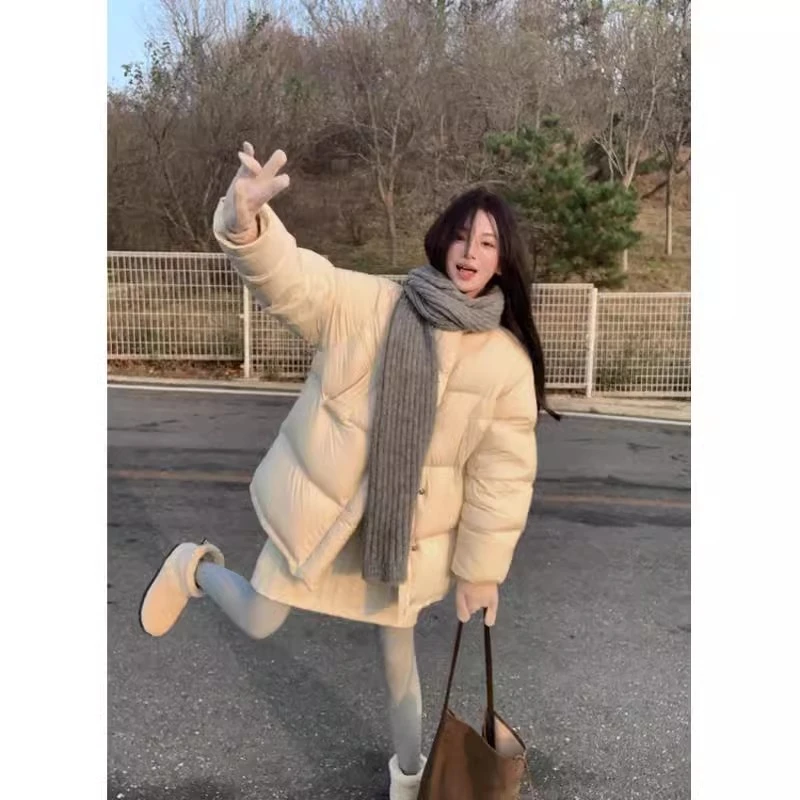 Peaceonesoul自制奶油面包服女冬韩版宽松加厚外套90白鸭绒羽绒服