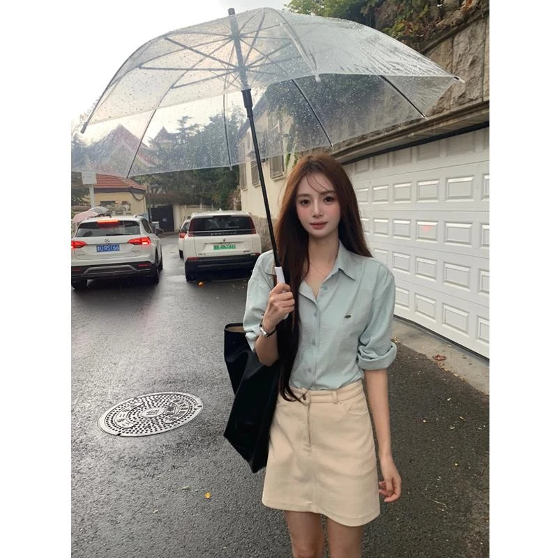 Peaceonesoul自制薄荷绿衬衫女长袖秋季高级感上衣小个子打底衬衣